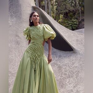 Aje Olive Green Ruched Maxi Dress with Puff Sleeves